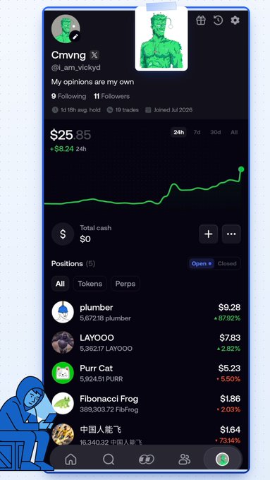 A trading profile screenshot for user 'Cmvng' (@_am_vickyd) shows a portfolio value of $25.85, up $8.24, with an upward-trending chart and positions in tokens like plumber, LAYOOO, Purr Cat, Fibonacci Frog, and a Chinese token.