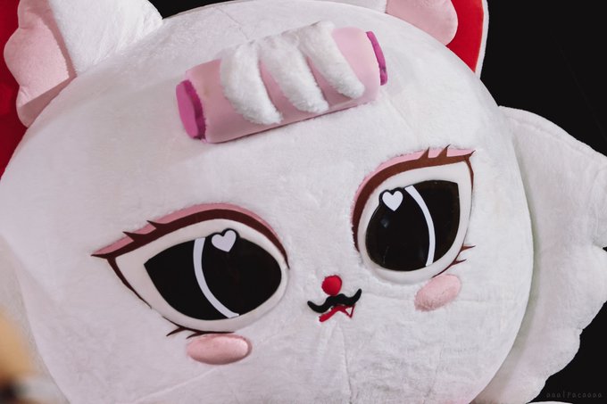 A close-up of a white plush mascot pillow featuring large anime-style sparkly eyes, pink cheeks, and hair curlers on top. The image aligns with the post's hashtags referencing JJJ, JanJingJingJewel, and Moana, highlighting the cute plush character.