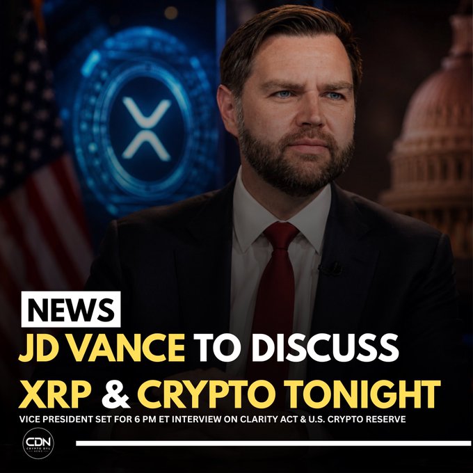 Vice President JD Vance will discuss $XRP and crypto in a 6 PM ET interview tonight. The image prominently features JD Vance and the XRP logo, aligning with the post's announcement.