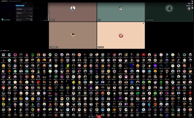 A screenshot of a Discord server showing multiple video call tiles with a few participants visible above a large grid of colorful member avatars.