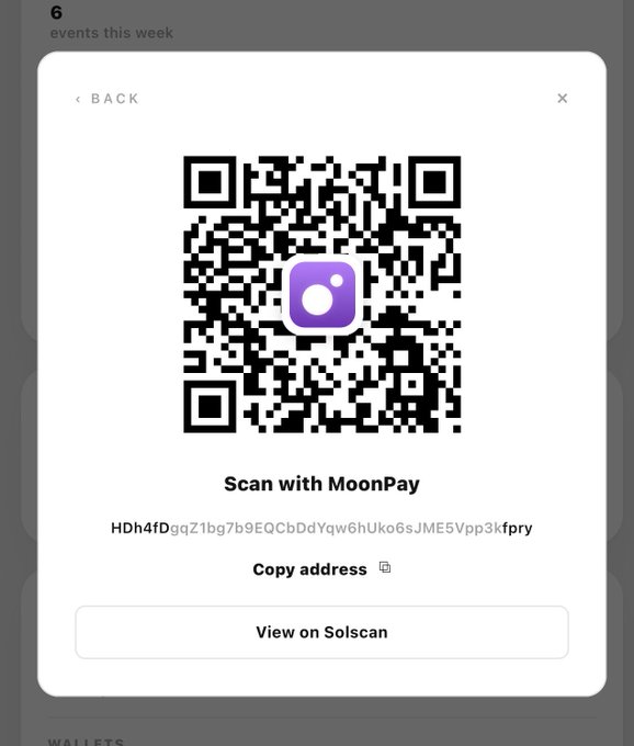 The image shows a QR code with a wallet address that can be scanned with MoonPay. The accompanying post asks MoonPay if their agent works with QR scans or just wallet addresses.