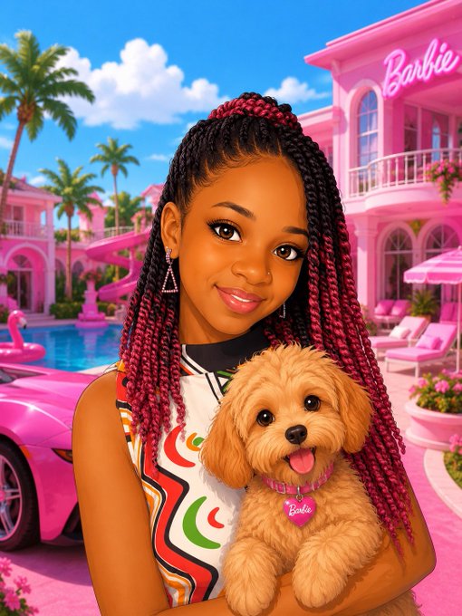 A digital illustration of a young woman with long braided hair holding a fluffy brown dog with a 'Barbie' tag, standing in front of a pink 'Barbie' house with a pool and a pink car.