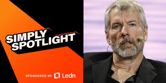 A promotional graphic featuring a gray-haired, bearded man in a suit on the right, with the text 'SIMPLY SPOTLIGHT' and 'SPONSORED BY Ledn' displayed on an orange and black background on the left.