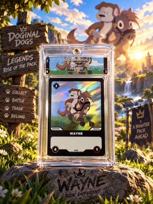 A promotional image for 'DOGINAL DOGS' featuring a trading card of 'WAYNE' inside a clear protective case, displayed on a rock in a fantasy landscape with wooden signs listing options like 'Collect', 'Battle', 'Trade', and 'Belong'.