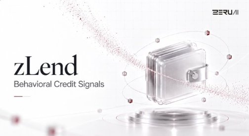 A promotional graphic for 'zLend Behavioral Credit Signals' by Zeru AI, showing a stylized 3D padlock icon with floating data nodes and particle effects on a white background.