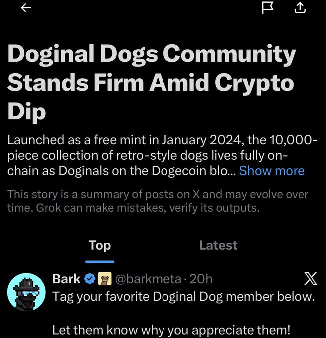 The image shows an X/Twitter post on the @barkmeta account asking users to "Tag your favorite Doginal Dog member below. Let them know why you appreciate them!" Above the post is a Grok AI-generated story headline titled "Doginal Dogs Community Stands Firm Amid Crypto Dip," describing the 10,000-piece collection of retro-style dogs launched as a free mint in January 2024 as Doginals on the Dogecoin blockchain. The content directly supports the post's message of community loyalty and engagement despite broader cryptocurrency market downturns.