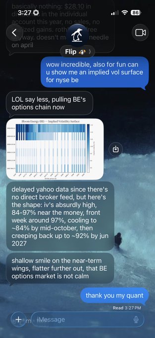 An iMessage conversation screenshot discussing financial markets, featuring a Bloomberg implied volatility surface chart for NYISO energy and messages referencing BE options.
