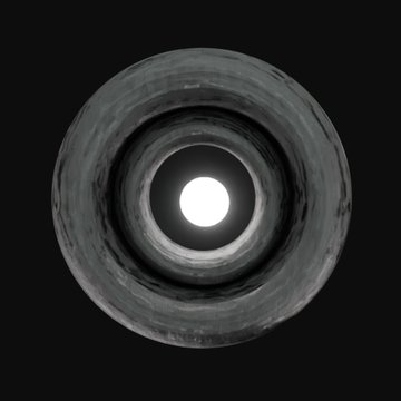 A minimalist 3D rendered image of a dark gray concrete or stone circular tunnel/cylinder viewed from one opening, with a bright white light visible at the far end against a black background.