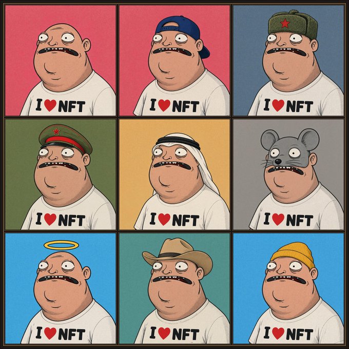 A 3x3 grid of cartoon characters with the same face and "I ♥ NFT" t-shirts, each wearing different headwear including a backwards cap, ushanka, military cap, keffiyeh, mouse mask, halo, cowboy hat, and beanie.