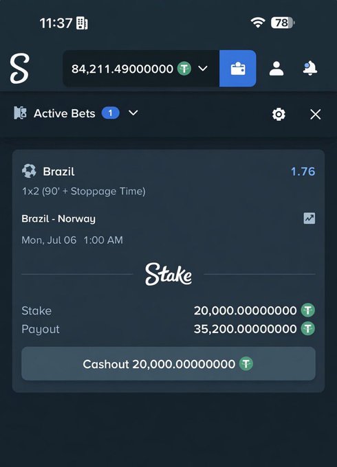 A screenshot of the Stake sportsbook shows an active bet on Brazil to beat Norway (1x2, 90+ stoppage time) at 1.76 odds, with a stake of 20,000 USDT and a potential payout of 35,200 USDT—a $15,200 profit that backs up the poster's claim of making $15,000+ if Brazil wins.