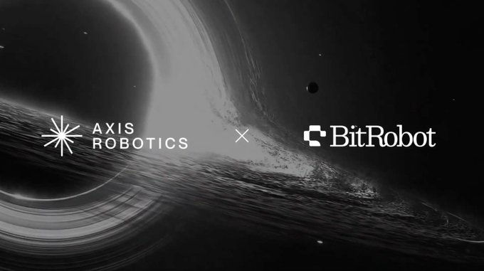 The image features a black and white photo of an outer space scene with planets, stars, and a black hole. The text "axis robotics" and "bitrobot network" are also present in the image. The main focus of the image is the black hole located near the center, surrounded by other celestial bodies like planets and stars.