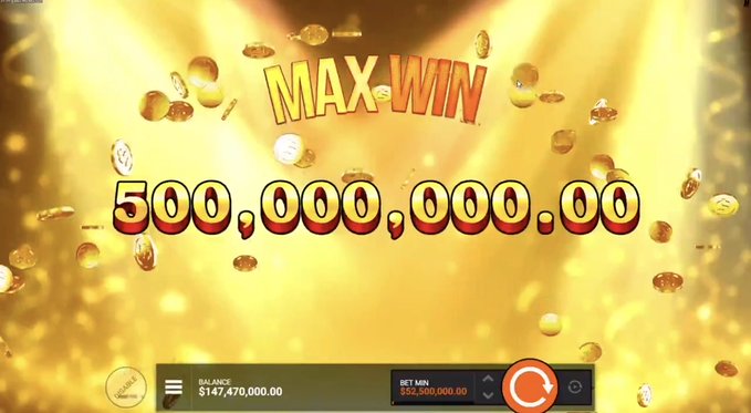 A slot machine "MAX WIN" screen displays an impressive jackpot of $500,000,000.00 with a balance of $147,470,000.00 against a golden background of falling coins. The image supports the post's call to action by showcasing a massive win on what appears to be the Thrill.com platform, encouraging viewers to share their usernames for a chance to experience similar success.