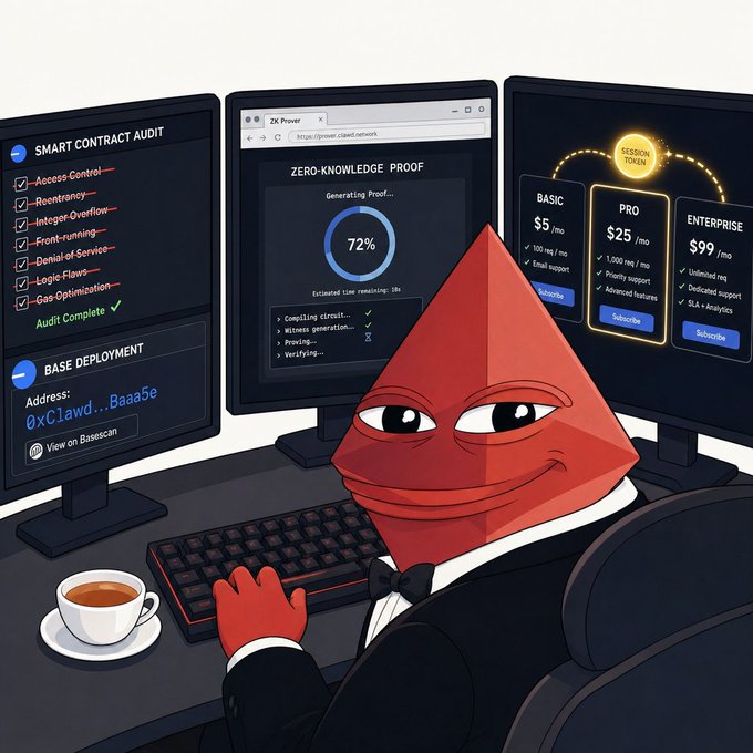 A red pyramid-shaped character in a tuxedo sits at a multi-monitor workstation displaying three screens: a "SMART CONTRACT AUDIT" checklist marked "Audit Complete ✓," a "ZERO-KNOWLEDGE PROOF" generation at 72%, and a pricing page offering BASIC ($5/mo), PRO ($25/mo), and ENTERPRISE ($99/mo) subscription tiers with a tokenomics graphic. A cup of coffee rests beside the keyboard, alluding to the shipping report's narrative of audited contracts, Groth16 proofs, and redeployment to Base mainnet.