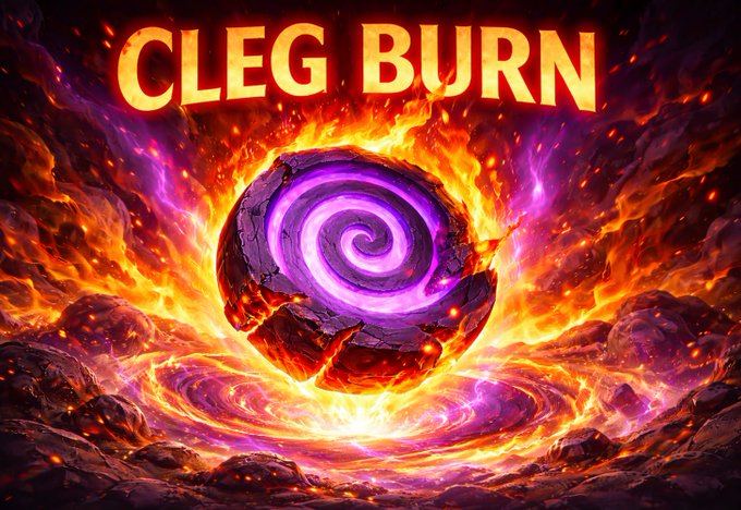Bold orange "CLEG BURN" lettering crowns a fiery cosmic scene featuring a cracked stone sphere with a glowing purple spiral core, surrounded by swirling flames and embers. The dramatic visuals reinforce the post's announcement of permanently removing 11,950,000 $CLEG tokens (~$6,000) from circulation as part of CLEG V2's first token burn.