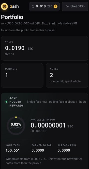 A dark-themed cryptocurrency wallet interface titled 'Portfolio' for 'zash', showing a balance of 0.0190 ZEC (equivalent to $22.51), with notes 'one per fill, spent whole' and details on ZASH Holder Rewards.