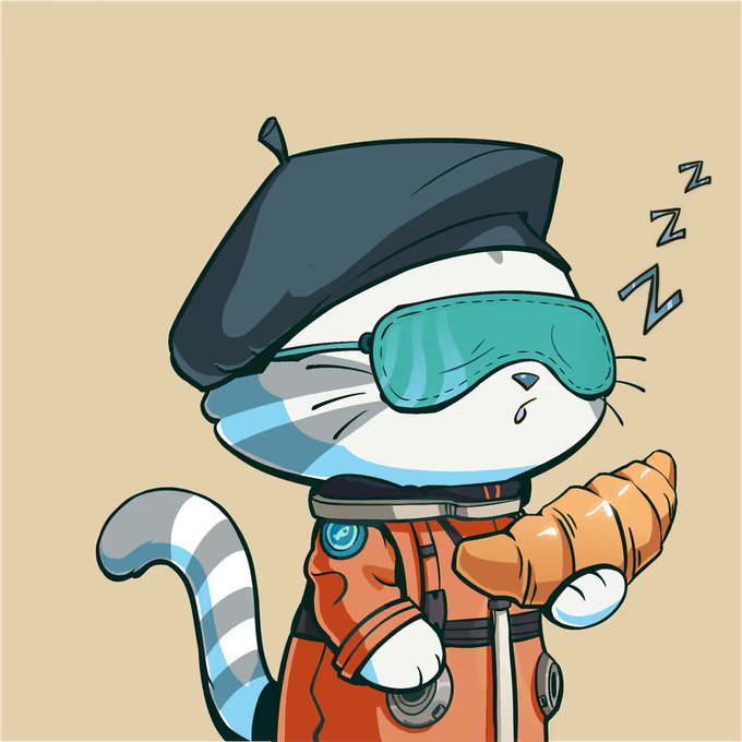 A cartoon character of a cat wearing a black beret, teal sunglasses, an orange jacket, and a glove holding a croissant, appearing to sleep with 'Z' symbols floating nearby.