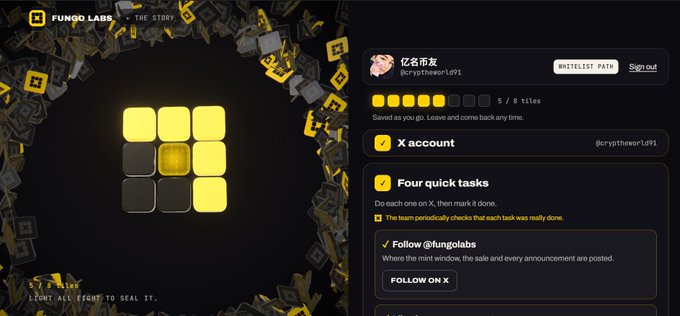 A Fungo Labs 'THE STORY' webpage where user @cryptheor1d91 has completed 5 out of 8 tiles by following on X and doing four quick tasks to 'LIGHT ALL EIGHT TO SEAL IT.'