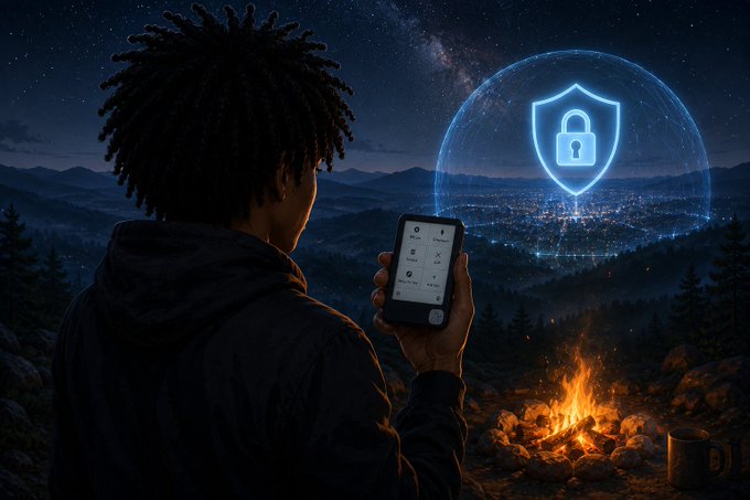 A man sits by a campfire at night holding a device, with a glowing blue shield and padlock hologram projecting over a distant city, symbolizing secure protection. The imagery reinforces the post's message about safeguarding digital assets, while no specific text or numbers appear in the image itself.