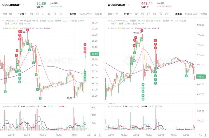 Trading charts showing CRCLB/USDT at $92.89 (+3.19%) and WDCB/USDT at $448.11 (-3.40%) on Binance, with candlestick patterns, MA indicators, and volume bars displayed.