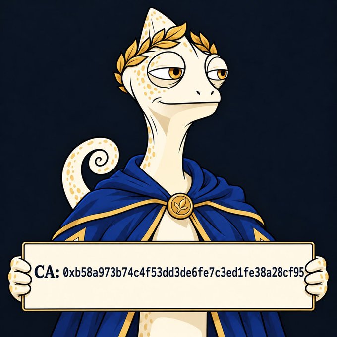 An anthropomorphic chameleon character wearing a golden laurel wreath and blue royal cloak holds a placard displaying "CA: 0xb58a973b74c4f53dd3de6fe7c3ed1fe38a28cf95," matching the contract address for the $CHAM token featured in the post.