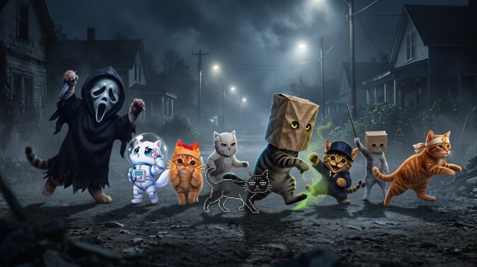 Halloween-themed image of costumed people and cats running down a dark suburban street, including a Ghostface costume, astronaut suit, cardboard robot, paper-bag-headed figure, witch cat, and orange cat.
