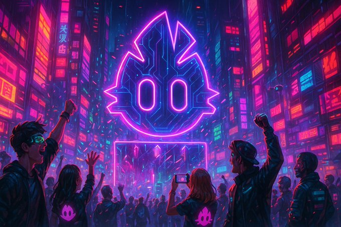 A crowd cheers in a neon-lit city as a large, glowing logo featuring circuitry and the number "00" dominates the skyline. This image visually represents the exciting, vibrant community and technology behind the upcoming app's new gifting and P2P transfer features.