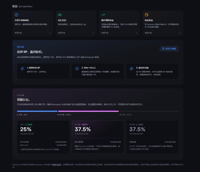 A dark-themed dashboard interface with Chinese text showing tokenomics and a buyback section, displaying allocations of TGE 25%, PO 37.5%, and PO 37.5% with distribution metrics.