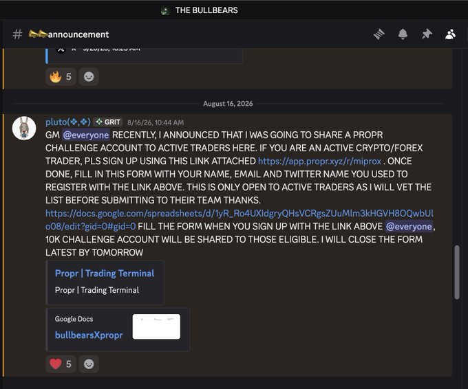 A Discord message in 'THE BULLBEARS' server from 'pluto' dated 8/16/26, announcing a proprietary trading challenge with links to Propr XYZ and a Google Docs form, due by tomorrow.