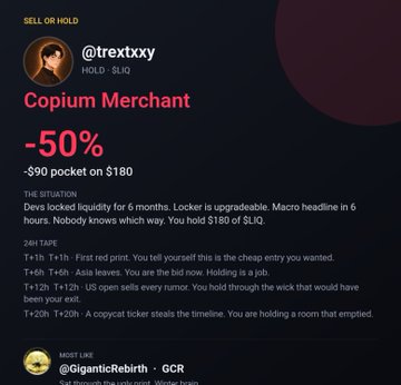 A trading simulation card displaying "@trextxoxy" with a "Copium Merchant" title, showing a HOLD decision for $LIQ at -50% (-$90 pocket on $180), detailing a 6-month liquidity lock situation. Below, "$GIGANTICRebirth" is named as the most likely trader with a GCR Wolf team badge, illustrating the game's format of generating personalized sell-or-hold trading scenarios for X users.