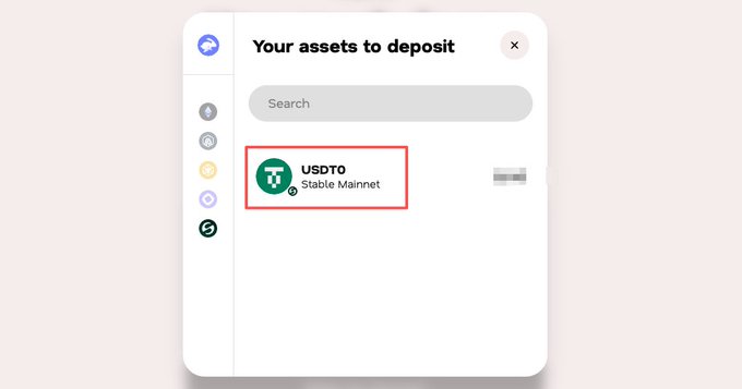 A digital wallet interface showing the deposit screen with USDTO (Stable Mainnet) highlighted in a red box among other token options.