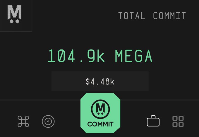 Mobile app screen showing a TOTAL COMMIT of 104.9k MEGA valued at $4.48k with a green COMMIT button.