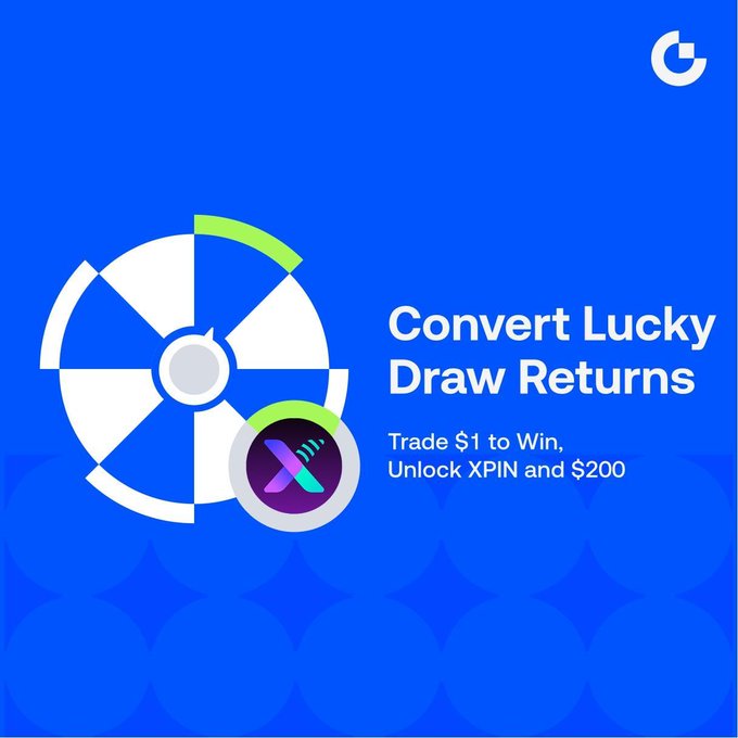 A promotional graphic with a blue background features a stylized wheel and XPIN token logo, advertising "Convert Lucky Draw Returns" with the tagline "Trade $1 to Win, Unlock XPIN and $200," matching the post's campaign for users to trade $1 for a chance to win XPIN tokens and a $200 USDT reward.