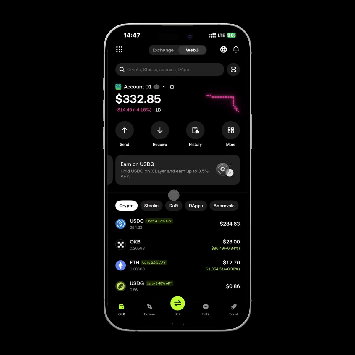 A smartphone displays the OKX Web3 wallet interface showing an account balance of $332.85 with a -4.16% decline, featuring tabs for Crypto, Stocks, DeFi, DApps, and holdings like USDC, OKB, ETH, and USDG. The image relates to the post by showcasing the OKX platform where users can trade the mentioned tokenized $SPCX via the Web3/DEX features visible on the screen.