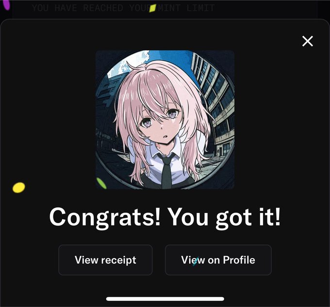 The image shows an app notification reading "Congrats! You got it!" with an anime character (pink-haired girl in a school uniform), confirming a successful mint—aligning with the post about minting their Momo NFT.