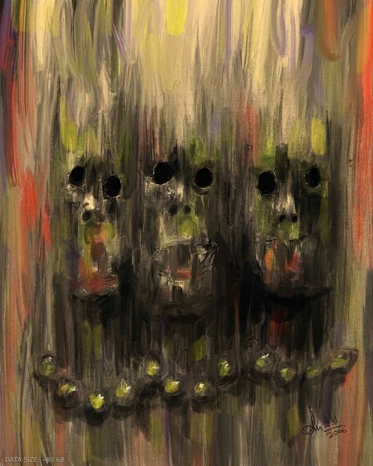 An abstract, textured painting featuring dark, skull-like shapes with hollow eyes and rows of teeth or spheres below, rendered in greens, blacks, and reds with vertical brushstrokes.