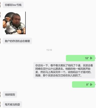 A WeChat conversation screenshot features a meme of a Black man in chains, Chinese text including '你都在bsc亏钱', '散户的存活机会在哪里', and a long green message bubble, along with messages reading '地狱级别' and '每天梭当狗穿'.