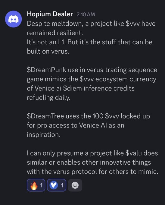 The image shows a black background with text that reads "HOPPUM DEALER" at the top, followed by a message from someone named "HOPPUM DEALER" about a project they are working on called "DREAMPUNK". The text also mentions that despite meltdowns, the project remains resilient and built on Versa.