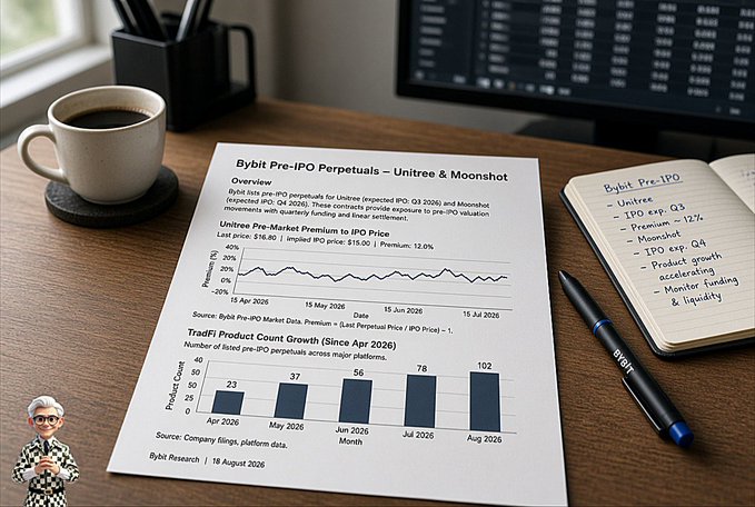 A document titled 'Bybit Pre-IPO Perpetuals – Unitree & Moonshot' resting on a desk, showing charts for pre-market premiums and TradFi product count growth, with a cup of coffee nearby.