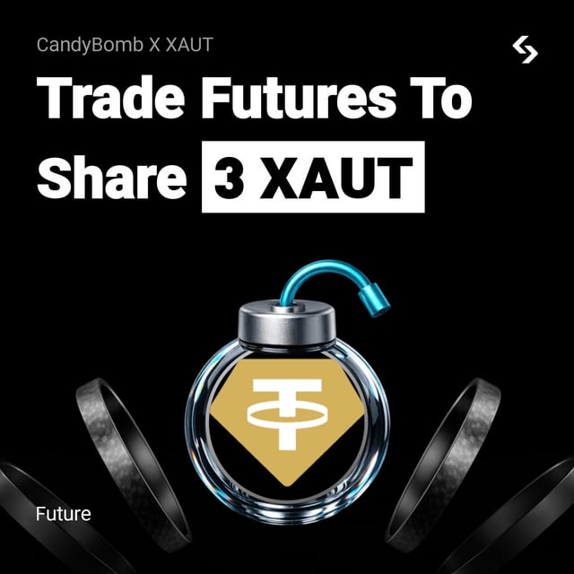 Promotional graphic for CandyBomb X XAUT featuring a bomb illustration with a Tether logo inside, advertising a 'Trade Futures To Share 3 XAUT' promotion.
