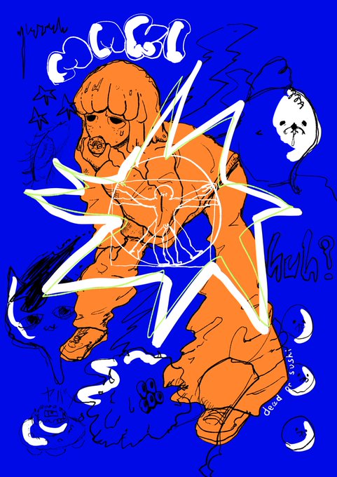 Digital sketch artwork on a bright blue background featuring an orange stylized figure with a star-like shape overlay and graffiti-style text including 'GWSB'.