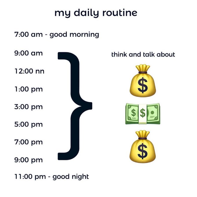 Humorous "my daily routine" meme showing the entire day from 7am to 11pm spent "think and talk about" money, represented by money bag and cash emojis.