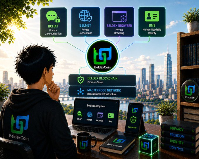 A man in a BeldexCoin-branded hoodie sits before a laptop showcasing the Beldex Ecosystem, with floating panels displaying the four core products—BChat (Private Communication), BelNet (Private Connections), Beldex Browser (Private Browsing), and BNS (Human-Readable Identity)—along with the Beldex Blockchain (Proof-of-Stake) and Masternode Network (Decentralized Infrastructure), visually reinforcing the post's emphasis on the privacy-focused technologies underlying the $BDX ecosystem.

Propped beside him are stacked books labeled "PRIVACY, FREEDOM, IDENTITY, CONTROL," symbolizing the foundational values driving BeldexCoin's development.