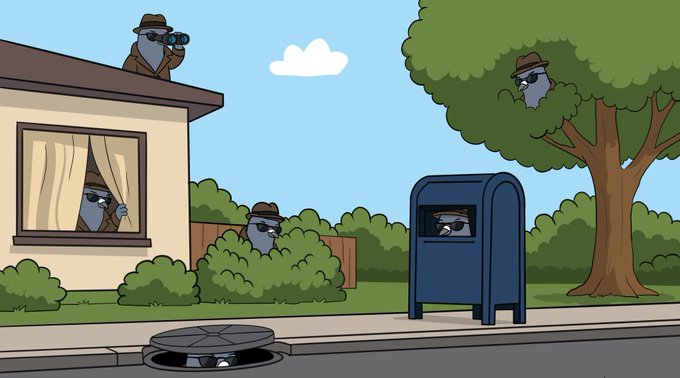 A cartoon scene depicting a neighborhood surveillance operation, with detectives hiding in various spots including a manhole, bushes, a tree, a mailbox, a window, and on a rooftop.