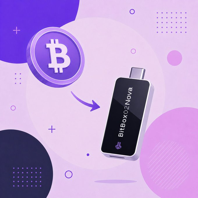 A promotional graphic on a purple background showing a Bitcoin coin with an arrow pointing toward a BitBox02 Nova hardware wallet device.