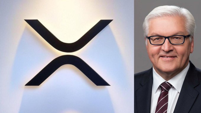 The image shows the XRP logo (a stylized black "X" symbol) alongside a formal portrait of an older gentleman with white hair, wearing glasses, a dark suit, and a maroon striped tie. The caption likely highlights Germany's tax exemption policy on XRP held long-term, possibly featuring a government official or financial figure relevant to the announcement.