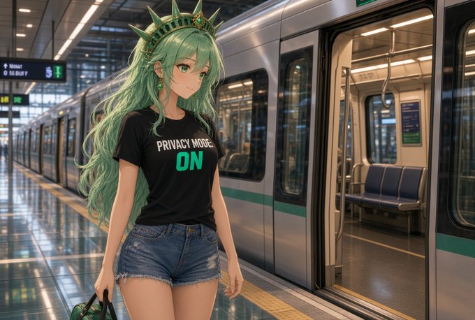 An anime girl with long green hair and a Statue of Liberty crown wears a black "PRIVACY MODE: ON" t-shirt while standing on a subway platform, visually reinforcing the post's agreement on activating privacy settings.
