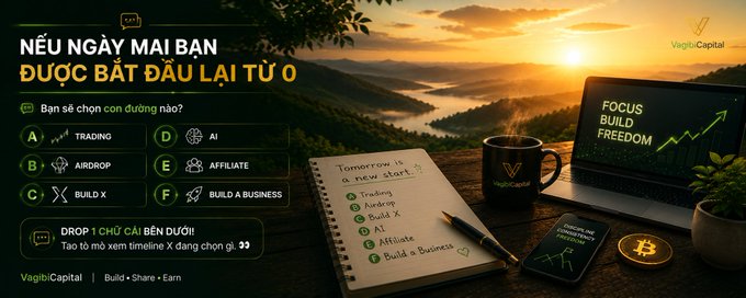 A motivational graphic in Vietnamese asking 'NẾU NGÀY MAI BẠN ĐƯỢC BẮT ĐẦU LẠI TỪ 0' with six multiple-choice paths (TRADING, AIRDROP, BUILD X, AI, AFFILIATE, BUILD A BUSINESS) alongside a workspace scene with a laptop showing 'FOCUS BUILD FREEDOM' and a Bitcoin coin.