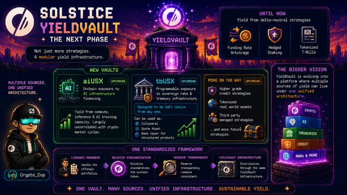 A promotional graphic for Solstice's YieldVault detailing its evolution into a modular yield infrastructure, highlighting upcoming additions aiUSX (onchain AI infrastructure exposure) and tbUSX (sovereign rate and treasury exposure) under a unified platform supporting multiple yield sources including Crypto, AI, Treasuries, Credit, and RWAs. The infographic visually reinforces the post's message that YieldVault is expanding beyond delta-neutral strategies like funding rate arbitrage, hedged staking, and tokenized T-Bills into a broader, standardized framework for diversified crypto yield generation.