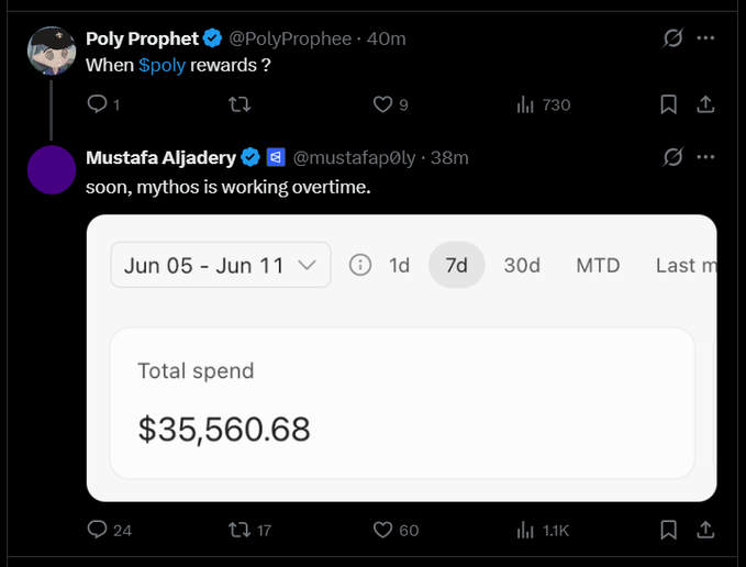The image contains a screenshot of an ongoing Twitter conversation with posts from two users (likely followers or fans) sharing information about the creator's new rewards system for PolyMarket. The main message seems to be, "When ?".