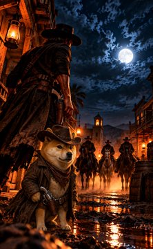 A dark, stylized digital artwork depicts a gunfighter with a wide-brimmed hat standing in a moonlit Western town street, accompanied by a smaller anthropomorphic dog wearing similar attire and holding a knife.